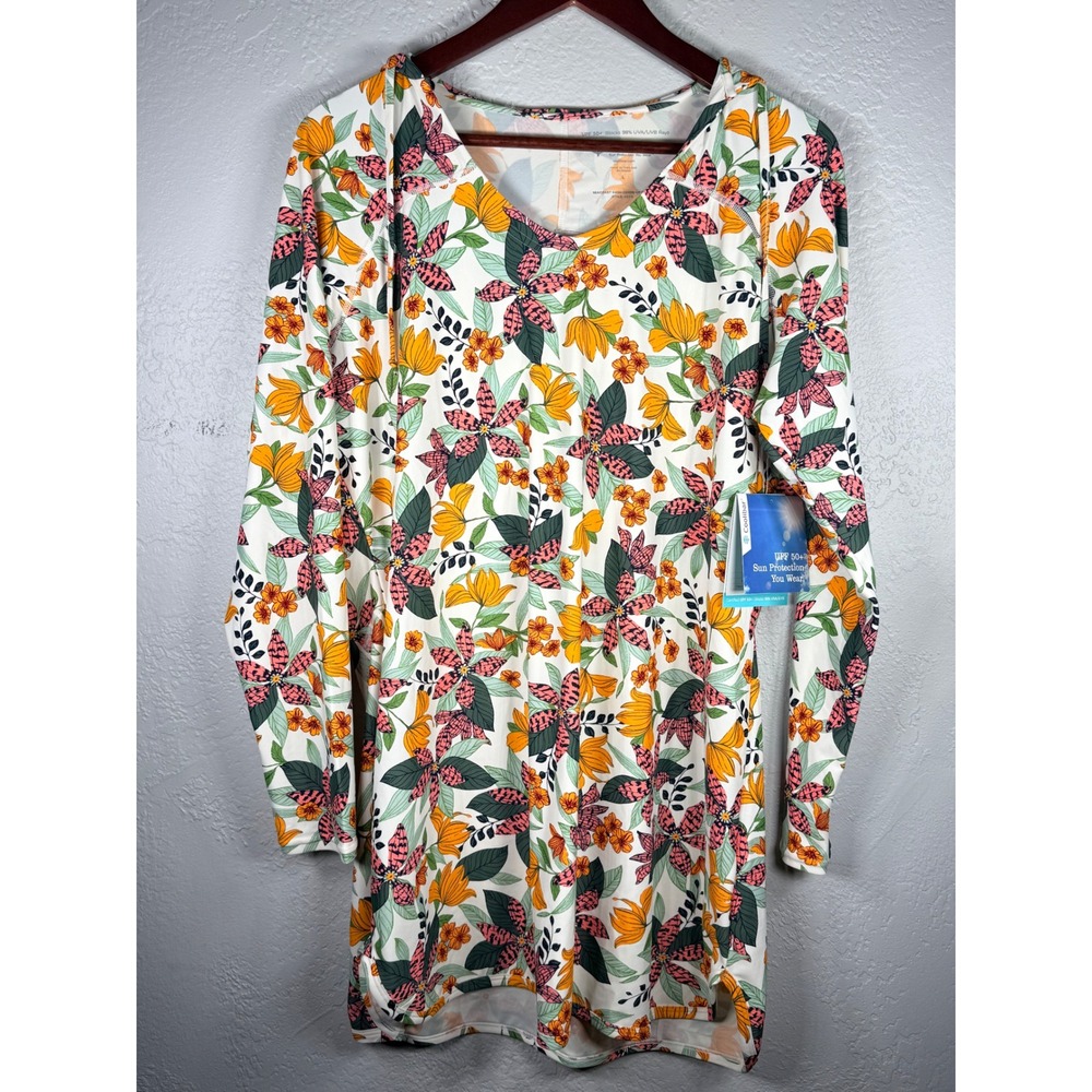 Coolibar Seacoast Swim Cover-Up Dress Womens L Floral Hooded UPF 50+ NWT 03318
